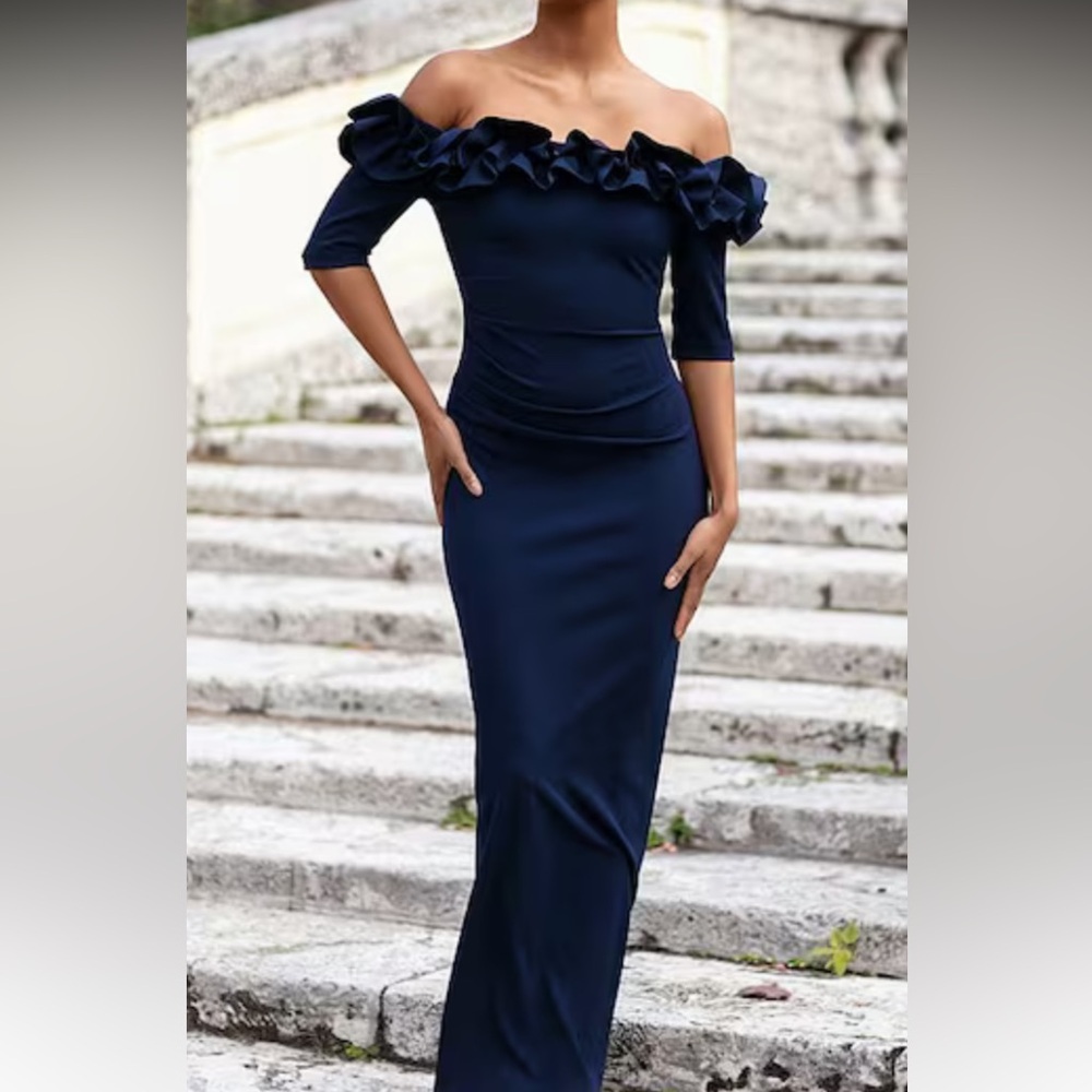 XSCAPE RUFFLED OFF SHOULDER SHORT SLEEVE CREPE SHEATH GOWN in Black NWOT sz 4